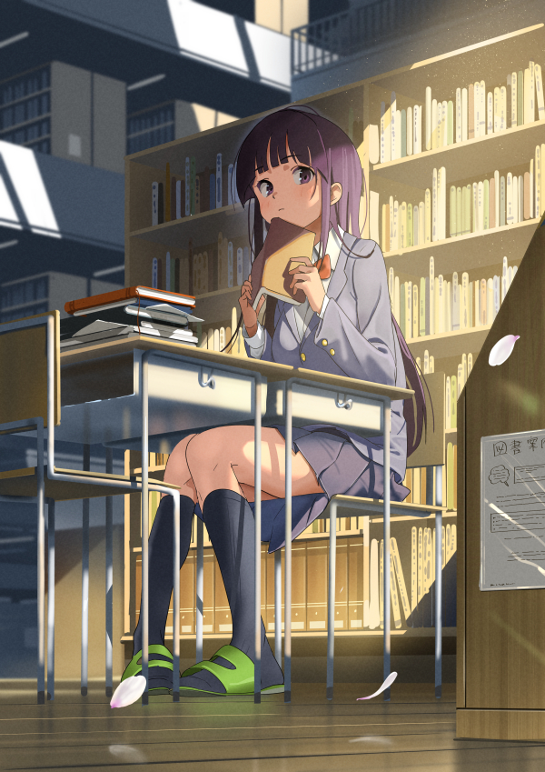 1girl :| black_hair black_socks blazer blunt_bangs blush book book_stack bookshelf bow bowtie chair closed_mouth collared_shirt desk from_below furuyama_itaru grey_jacket grey_skirt holding holding_book jacket kneehighs library light_blush long_hair looking_at_viewer original petals pleated_skirt red_bow red_bowtie sandals school_desk school_uniform shirt sidelocks sitting skirt socks solo thighs white_shirt wooden_floor