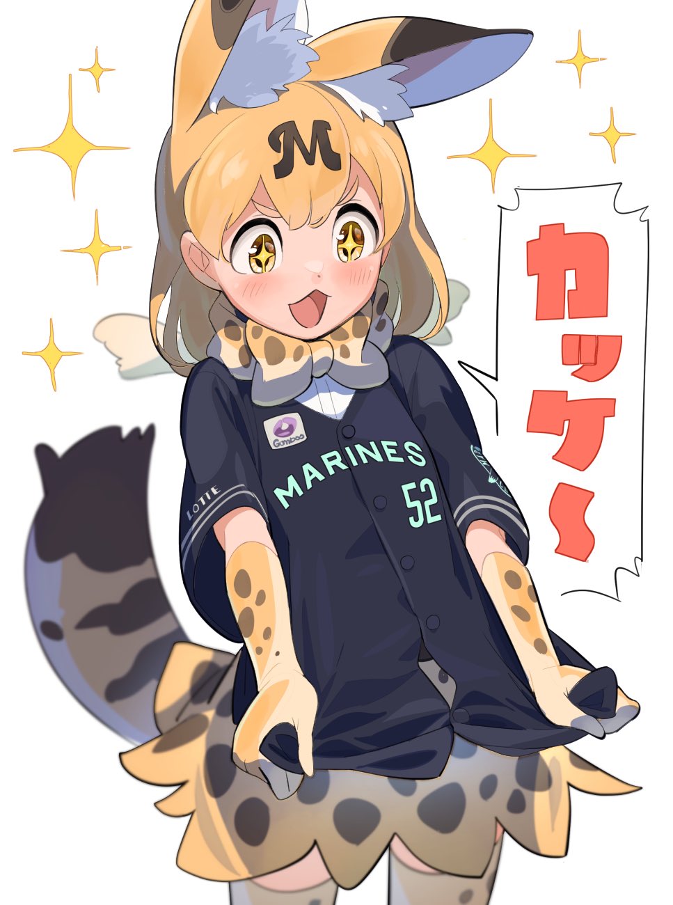 1girl animal_ear_fluff animal_ears baseball_jersey black_shirt blurry blush bow bowtie buttons chestnut_mouth commentary cowboy_shot depth_of_field dot_nose elbow_gloves english_text extra_ears gloves highres kemono_friends letter_hair_ornament logo looking_at_object looking_down medium_hair nishiki_kazue open_mouth orange_hair print_bow print_bowtie print_gloves print_skirt print_thighhighs serval_(kemono_friends) serval_print shirt shirt_tug short_sleeves skirt solo sparkle sparkling_eyes striped_tail tail two-tone_bowtie v-shaped_eyebrows white_background yellow_eyes