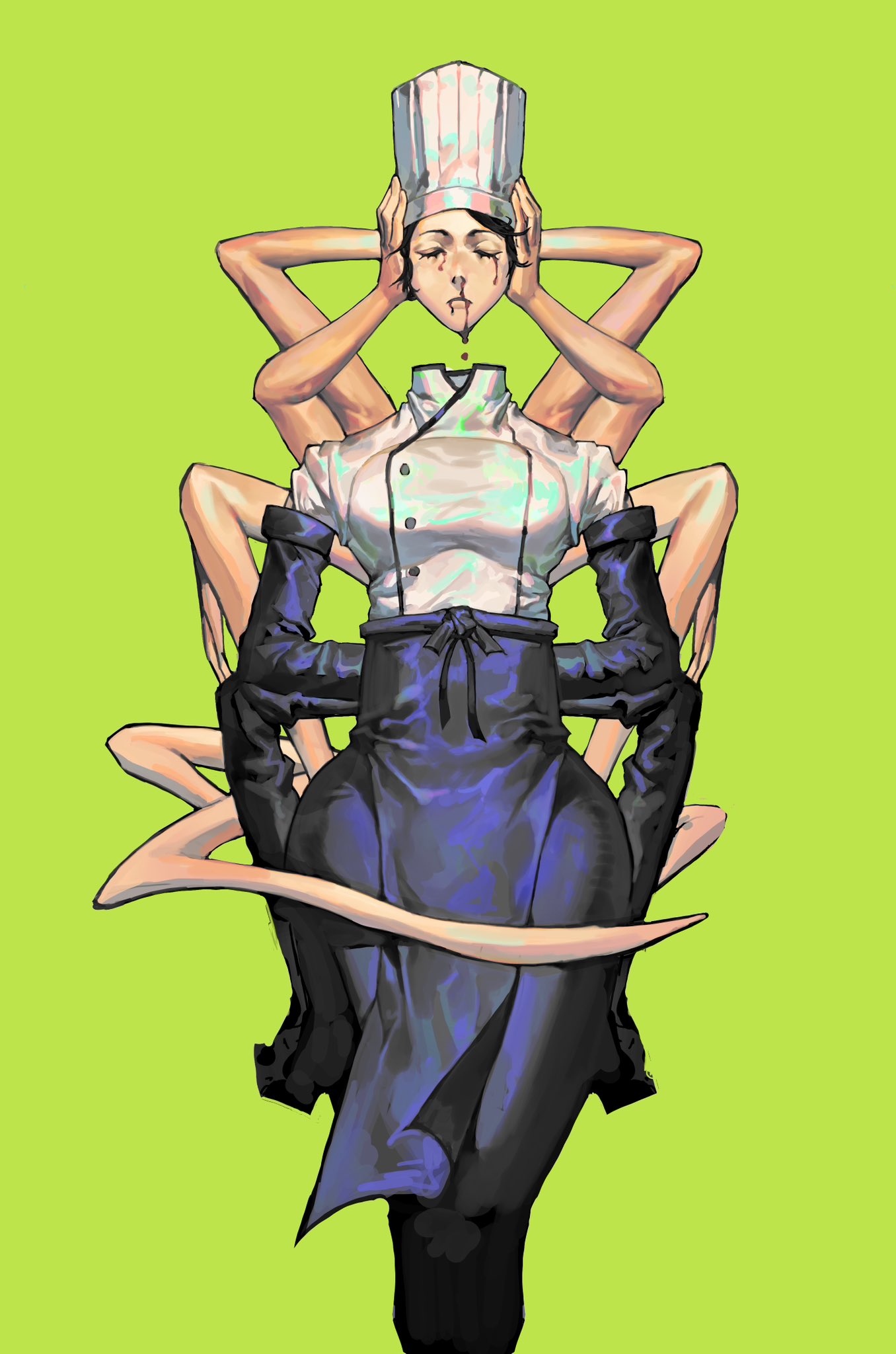 1girl apron arthropod_limbs black_gloves black_hair black_pants blood blood_drip blood_from_eyes blood_from_mouth chainsaw_man chef chef_hat closed_eyes disembodied_head elbow_gloves extra_arms facing_viewer falling_devil_(chainsaw_man) flat_top_chef_hat gloves green_background hat hieumay highres holding_head long_arms nosebleed pants severed_head short_hair simple_background solo waist_apron wide_hips