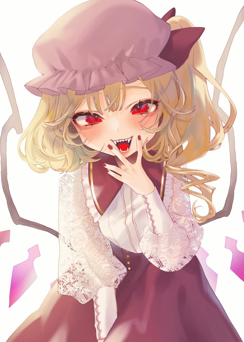 1girl :d adapted_costume backlighting blonde_hair bloom fangs flandre_scarlet half-closed_eyes hat looking_at_viewer mob_cap mokokiyo_(asaddr) nail_polish red_eyes red_nails see-through see-through_sleeves sharp_teeth simple_background skirt smile solo teeth touhou white_background wings