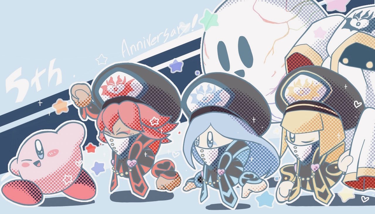 1boy 2others 3girls anniversary blonde_hair blue_hair closed_eyes colored_skin disembodied_limb flamberge_(kirby) francisca_(kirby) hat heart hyness kirby kirby:_star_allies kirby_(series) military_hat one_eye_closed open_mouth pink_skin pokko_(pokkokirby427) redhead smile solid_oval_eyes sparkle star_(symbol) void_soul zan_partizanne