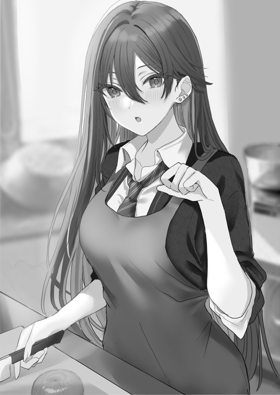 1girl apron blurry blurry_background blush breasts cardigan collared_shirt commentary_request cutting_board depth_of_field diagonal-striped_necktie ear_piercing earrings greyscale hair_between_eyes hamu_(plot_sy) highres holding holding_knife indoors jewelry knife looking_at_viewer medium_breasts monochrome original parted_lips piercing school_uniform shirt short_sleeves solo stud_earrings upper_body