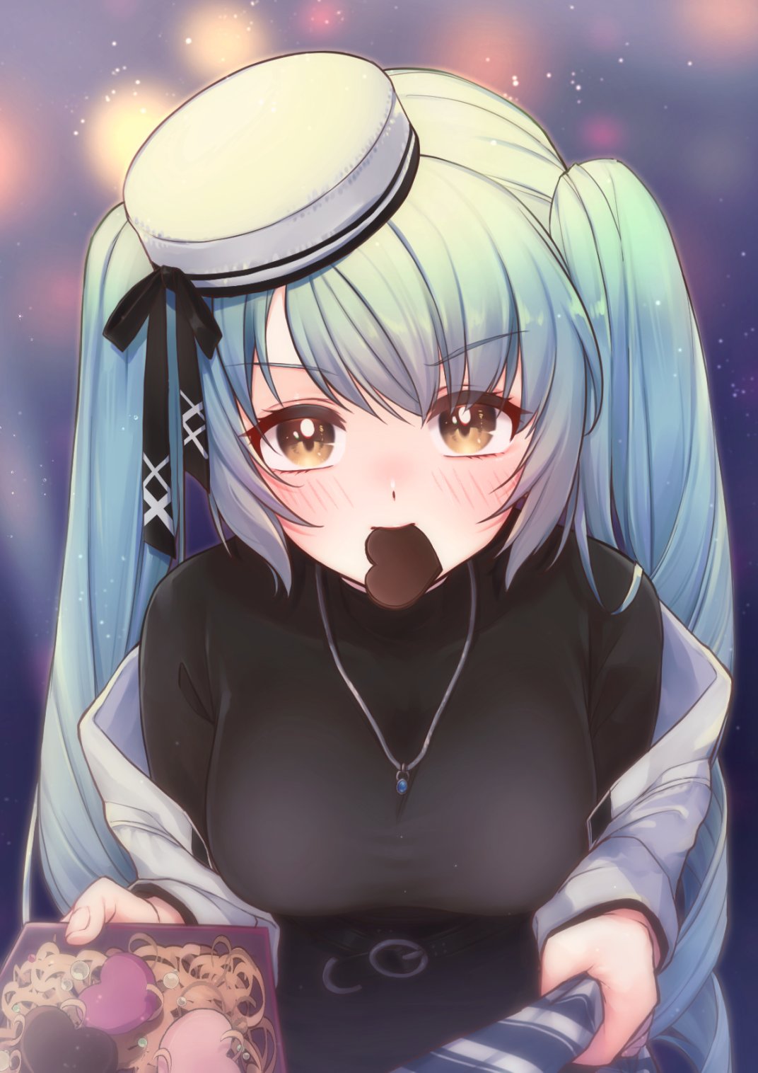 1girl black_shirt black_skirt black_thighhighs blue_hair blush breasts casual chami_(charming621) chocolate closed_mouth drill_hair embarrassed feet_out_of_frame food food_in_mouth from_side goddess_of_victory:_nikke hat highres hood hooded_jacket incoming_food jacket light_blue_hair long_hair long_sleeves looking_at_viewer miniskirt official_alternate_costume open_clothes open_jacket privaty_(government_grunt)_(nikke) privaty_(nikke) sailor_hat shirt shirt_tucked_in simple_background skirt solo tented_shirt thigh-highs twin_drills twintails unzipped very_long_hair white_headwear white_jacket yellow_eyes