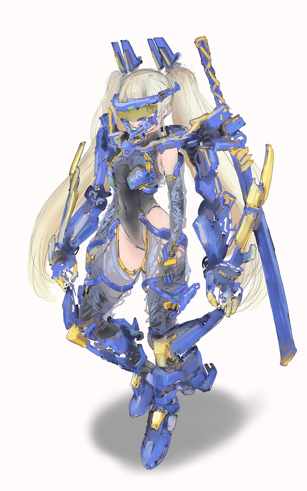 1girl armor armored_boots armored_gloves arms_at_sides black_leotard blonde_hair blue_eyes boots chest_armor elazale goddess_of_victory:_nikke headgear highleg highleg_leotard highres laplace_(nikke) leotard long_hair looking_at_viewer mecha_musume mechanical_arms sidelocks simple_background solo standing sword twintails unfinished very_long_hair visor_(armor) weapon weapon_on_back white_background