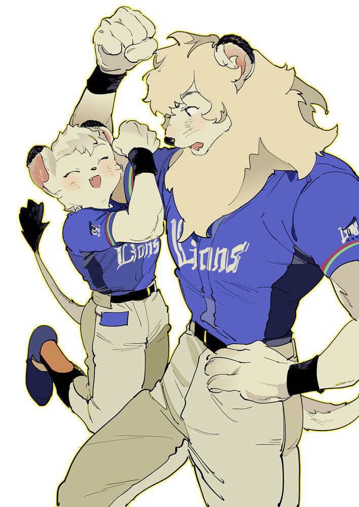 1boy 1girl animal_ears arm_up atie1225 baseball_uniform black_eyes blonde_hair blue_shirt body_fur closed_eyes commentary cowboy_shot facing_another full_body furry furry_female furry_male hanging_on_arm holding_another's_arm leo_(seibu_lions) light_blush lina_(seibu_lions) lion_boy lion_ears lion_girl lion_tail looking_at_another mane open_mouth outline pants saitama_seibu_lions shirt short_sleeves simple_background sportswear standing symbol-only_commentary tail white_background white_pants wristband yellow_outline