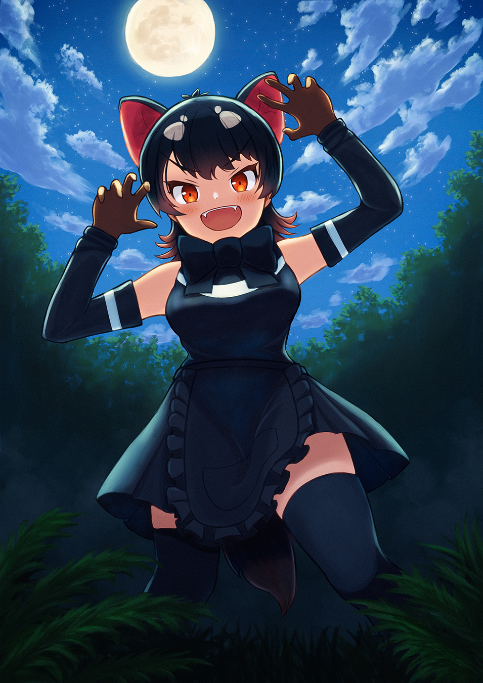 1girl apron asama_fumi bare_shoulders black_apron black_hair black_shirt black_skirt black_sleeves black_thighhighs blush brown_gloves claw_pose detached_sleeves extra_ears fangs full_moon gloves highres kemono_friends moon multicolored_hair night night_sky open_mouth orange_eyes shirt skirt sky sleeveless solo tasmanian_devil_(kemono_friends) tasmanian_devil_ears tasmanian_devil_tail thigh-highs two-tone_hair white_hair zettai_ryouiki