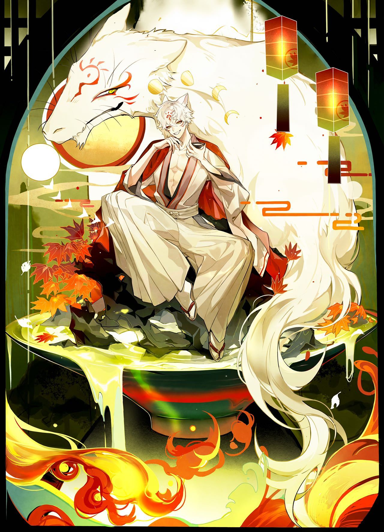 1boy bishounen full_body highres japanese_clothes leaf long_hair madara_(natsume_yuujinchou) male_focus maple_leaf natsume_yuujinchou short_hair smile solo weibo_2611510831 yellow_eyes