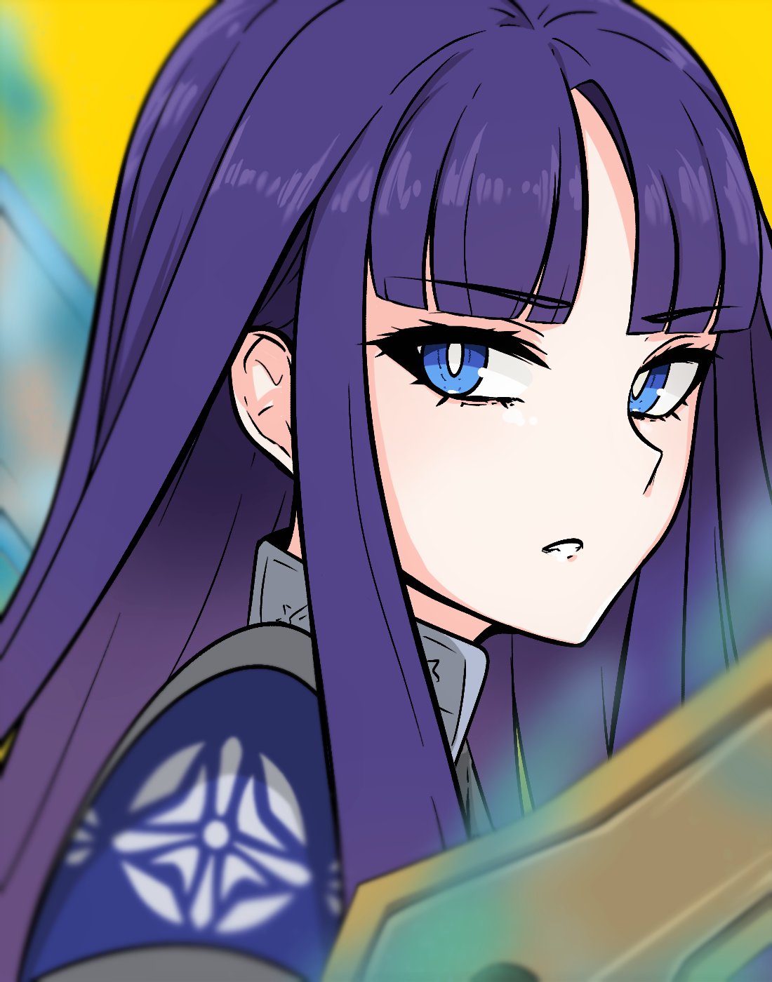 1girl alondite altina_(fire_emblem) blue_eyes close-up fire_emblem fire_emblem:_radiant_dawn highres long_hair looking_at_viewer parted_bangs portrait purple_hair ragnell serious simple_background solo tavi_(hosheezus) teeth very_long_hair weapon yellow_background