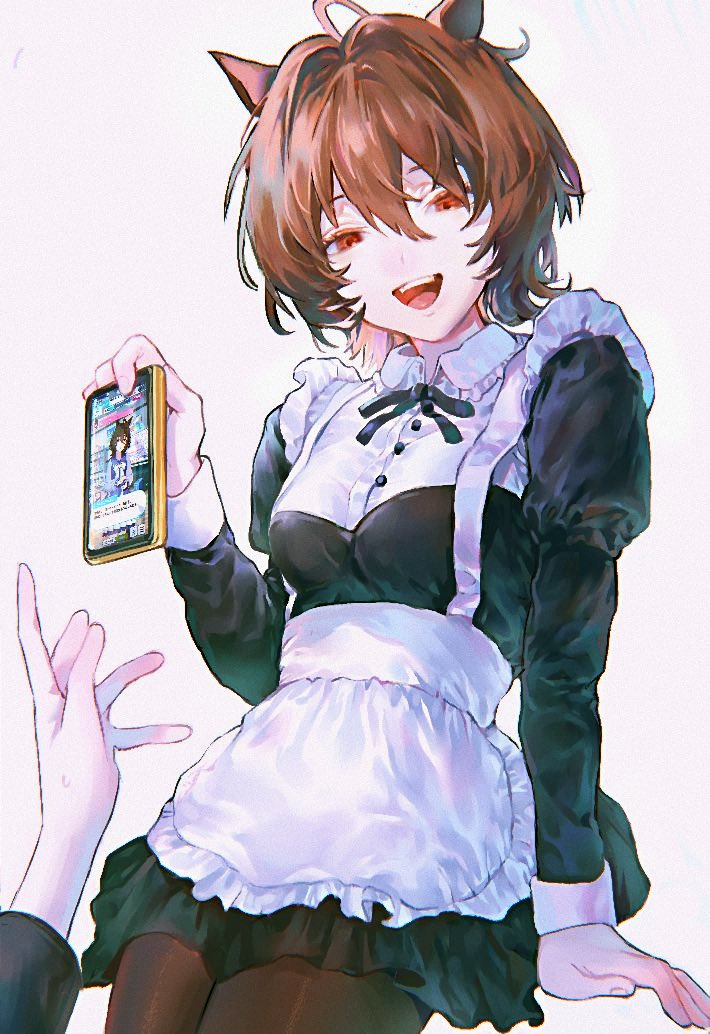 1boy 1girl agnes_tachyon_(umamusume) ahoge alternate_costume animal_ears apron arm_support black_ribbon brown_hair brown_pantyhose cellphone collared_dress commentary_request dress empty_eyes enmaided framed_breasts hair_between_eyes half-closed_eyes hand_up head_tilt holding holding_phone horse_ears horse_girl ikuta41 invisible_chair juliet_sleeves long_sleeves looking_at_viewer maid maid_apron messy_hair neck_ribbon open_mouth out_of_frame pantyhose phone pov pov_hands puffy_sleeves reaching red_eyes ribbon screencap_inset short_dress sitting sleeve_cuffs smartphone smile sweatdrop teasing trainer_(umamusume) umamusume white_apron