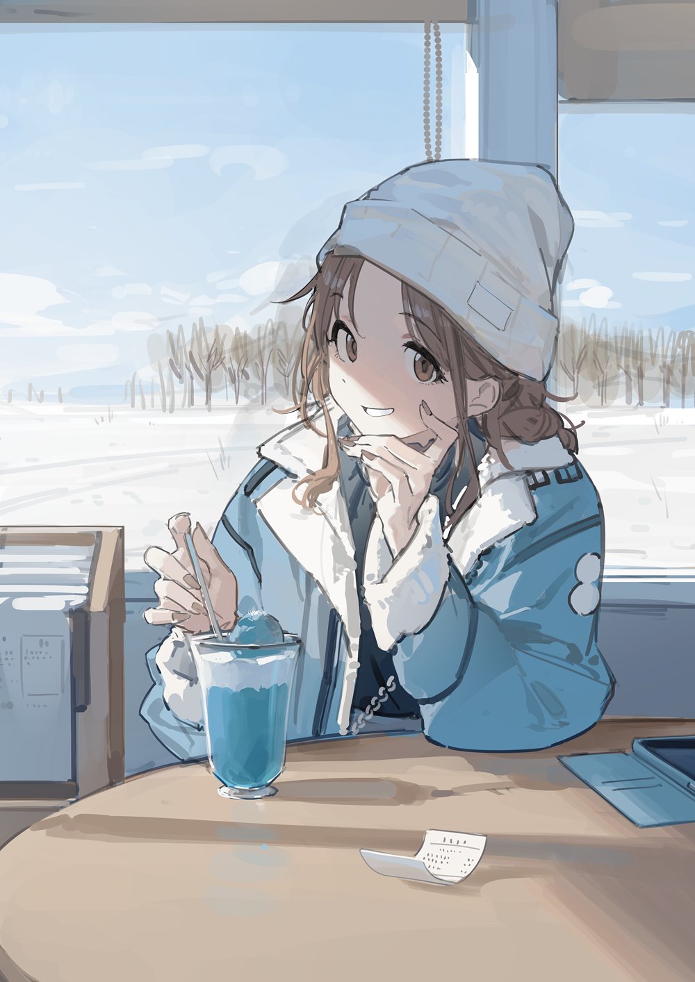 1girl beanie blue_jacket brown_eyes brown_hair brown_nails cellphone day food hat highres ice_cream ichikawa_hinana idolmaster idolmaster_shiny_colors jacket long_sleeves looking_at_viewer nail_polish open_clothes open_jacket phone receipt sitting sky smartphone snow solo table white_headwear window zhili_xingzou