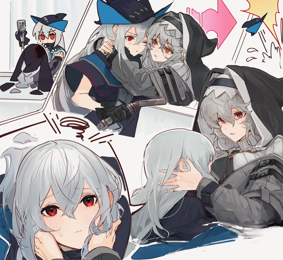 2girls arknights blood blue_eyes closed_mouth grey_hair h_cho3 hair_between_eyes hands_on_another's_face hat hood hug long_hair long_sleeves looking_at_viewer multiple_girls one_eye_closed open_mouth skadi_(arknights) smile specter_(arknights) sweat yuri