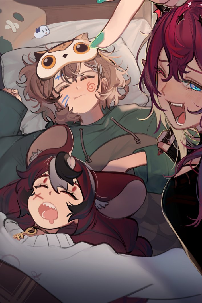 3girls 4girls alternate_costume animal_ears black_hair black_sweater blue_eyes boros_(ouro_kronii) braid braided_bangs brown_hair casual ceres_fauna drawing_on_another's_face drawn_whiskers eus_ing eye_mask fangs fingernails friend_(nanashi_mumei) green_hoodie hakos_baelz heterochromia holding holding_marker hololive hololive_english hood hoodie hootsie_(nanashi_mumei) irys_(hololive) jewelry key_necklace laughing long_hair marker mouse_ears mouse_girl multicolored_hair multiple_girls nail_polish nanashi_mumei necklace objectification official_alternate_hairstyle pink_eyes pointy_ears purple_hair redhead sharp_teeth short_hair sleeping spiral streaked_hair stuffed_toy sweater teeth very_long_hair virtual_youtuber white_hair white_sweater