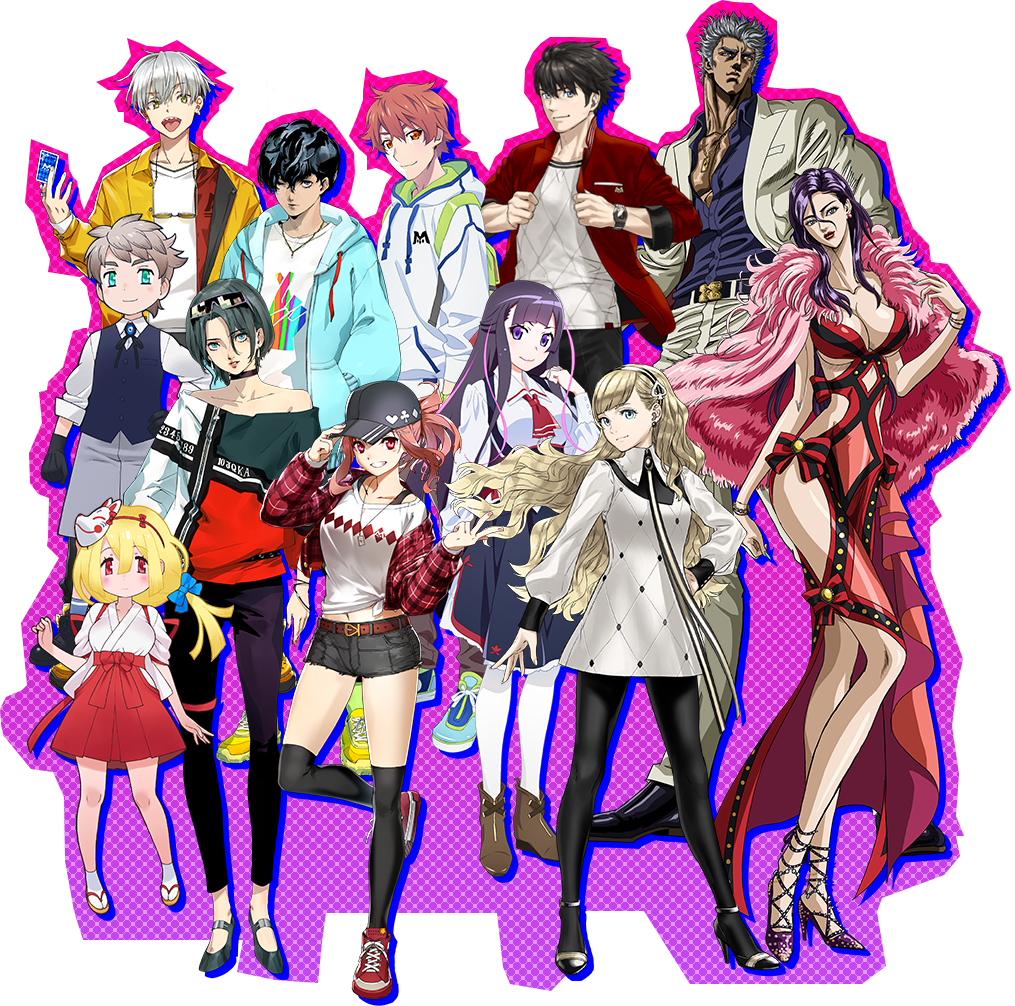 6+boys 6+girls black_hair brown_hair bunbun grey_hair hara_tetsuo hat kozaki_yuusuke long_hair looking_at_viewer m_hold'em multiple_boys multiple_girls official_art redhead short_hair simple_background soejima_shigenori transparent_background watanabe_akio white_hair yoshizaki_mine