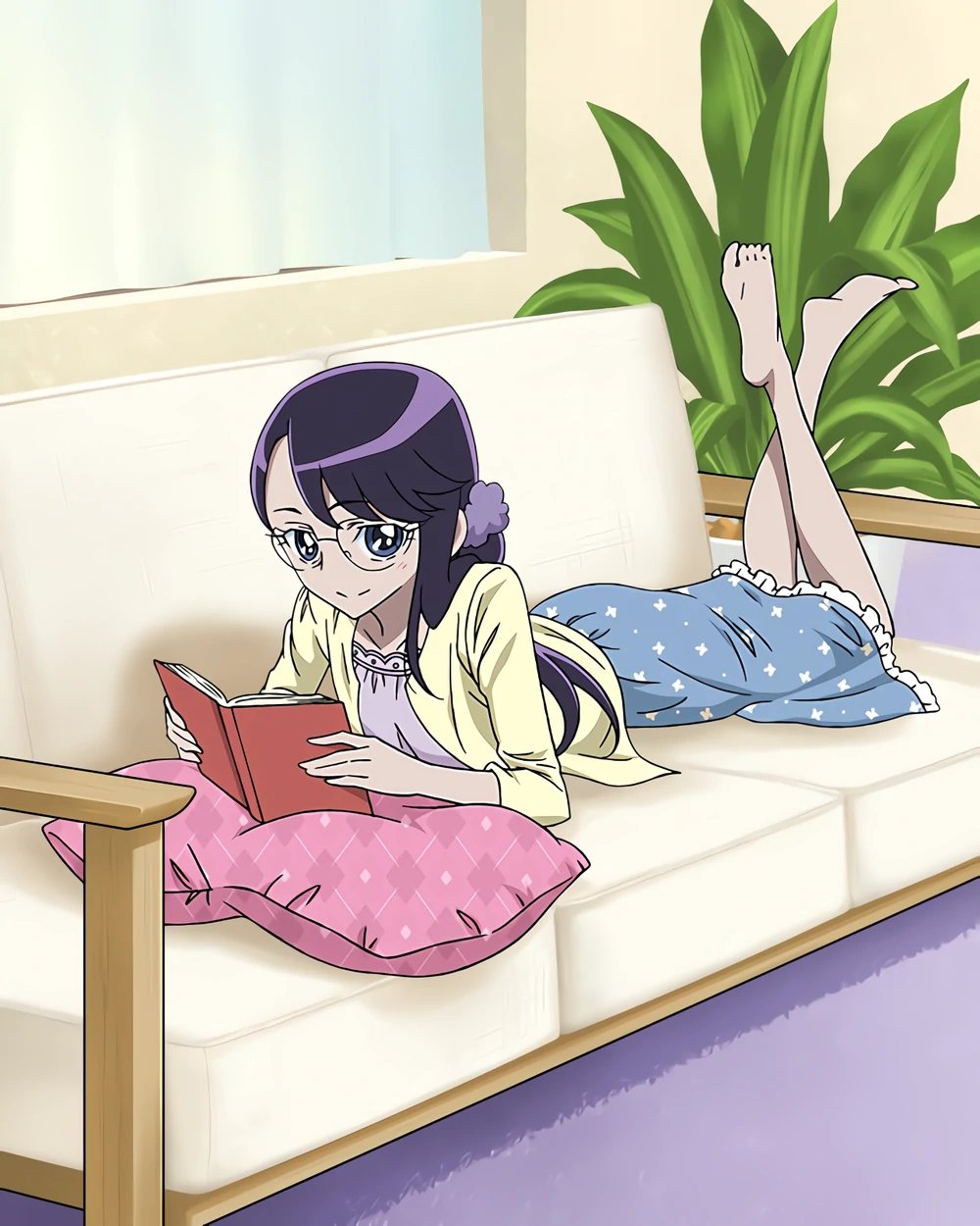 1girl artist_request casual commentary couch english_commentary eyelashes glasses hair_ornament hair_scrunchie happy heartcatch_precure! highres long_hair looking_at_viewer low_ponytail lying official_art pillow ponytail precure precure_connection_puzzlun purple_hair reading scrunchie smile solo third-party_source tsukikage_yuri violet_eyes