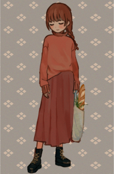 1girl adapted_costume ankle_boots arms_at_sides bag baguette black_footwear boots braid bread brown_hair closed_eyes closed_mouth cross-laced_footwear dot_nose facing_viewer film_grain food full_body grey_background groceries grocery_bag holding holding_bag io_(onisarashi) legs_apart long_hair long_skirt long_sleeves madotsuki muted_color pink_sweater plastic_bag pleated_skirt red_skirt shopping_bag skirt sleeves_past_wrists smile solo standing sweater sweater_tucked_in turtleneck turtleneck_sweater u_u yume_nikki