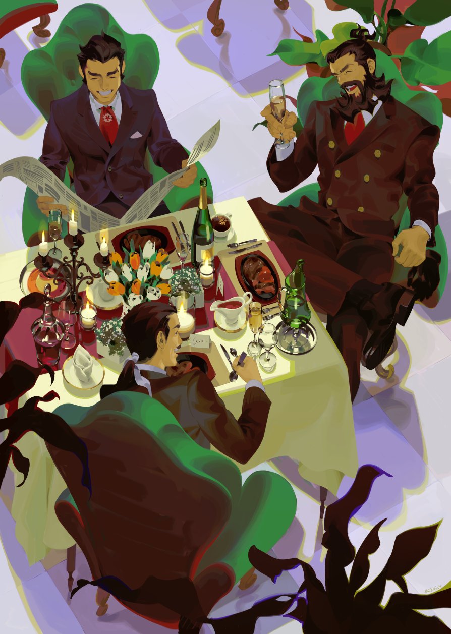 ace_attorney armchair black_hair black_jacket brown_hair brown_pants candlestand chair champagne_bottle closed_eyes crossed_legs facial_hair flower fork formal from_above genshin_asogi highres holding holding_newspaper indoors jacket knife long_hair long_sleeves low_ponytail male_focus mr_kasuy necktie newspaper open_mouth pants seishiro_jigoku shirt short_hair sitting smile spoon suit table the_great_ace_attorney the_great_ace_attorney_2:_resolve tulip white_shirt yujin_mikotoba