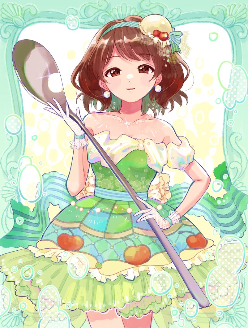 1girl bare_shoulders blush bow brown_eyes brown_hair bubble cherry earrings food fruit hair_ornament holding holding_spoon idolmaster idolmaster_cinderella_girls idolmaster_cinderella_girls_starlight_stage jewelry looking_at_viewer multicolored_clothes nagatomi_hasumi necklace parted_lips pearl_earrings see-through_gloves short_hair smile solo spoon tokitanatsu