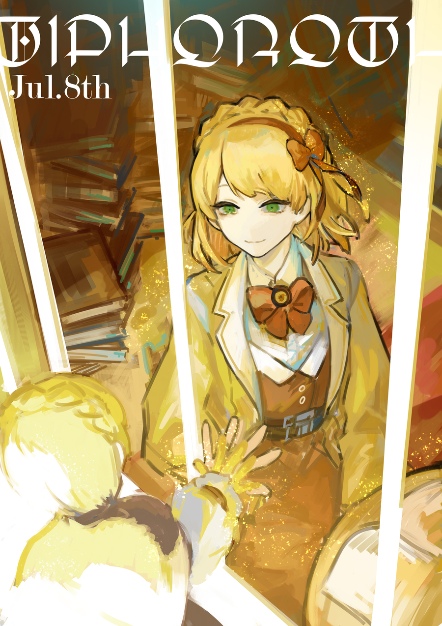 1boy 1girl belt blonde_hair book book_stack braid brown_belt character_name closed_mouth coat collared_shirt commentary_request crown_braid dress flat_chest green_eyes hair_ribbon hairband highres library_of_ruina lobotomy_corporation long_sleeves multiple_belts neck_ribbon nishikujic open_clothes open_coat orange_dress orange_hairband orange_ribbon project_moon ribbon shirt smile tiphereth_a_(project_moon) tiphereth_b_(project_moon) too_many too_many_books white_shirt yellow_coat