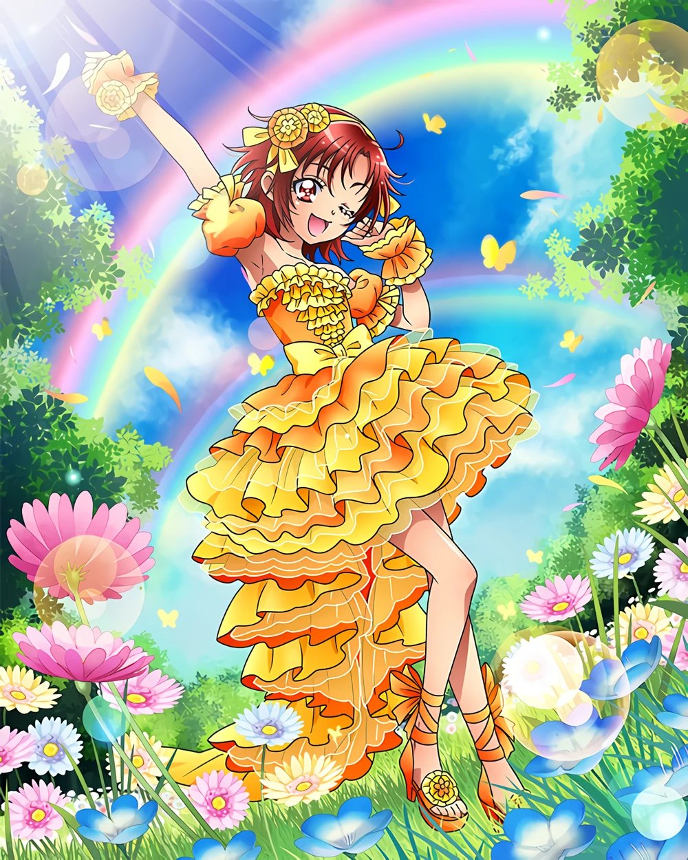 1girl :d alternate_hairstyle artist_request bare_shoulders clouds commentary dress english_commentary eyelashes field flower flower_field frilled_dress frills hair_flower hair_ornament hairband happy highres hino_akane_(smile_precure!) looking_at_viewer official_art one_eye_closed open_mouth orange_dress orange_footwear precure precure_connection_puzzlun rainbow red_eyes redhead shoes short_hair sky smile smile_precure! solo third-party_source wrist_cuffs