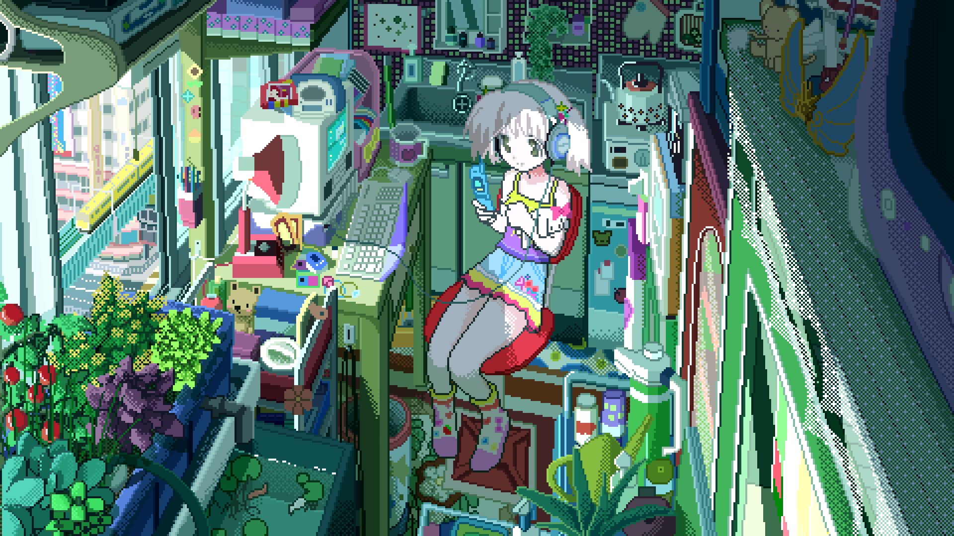 1girl anbiyori aquarium camisole cellphone chair computer cup desk_lamp dithering faucet fish flip_phone flower green_camisole headphones highres holding holding_phone indoors kettle keyboard_(computer) lamp lily_pad medium_hair mug office_chair original pedestrian_bridge phone pixel_art plant potted_plant purple_camisole sink sitting skirt soap_dispenser socks solo spaghetti_strap stuffed_animal stuffed_toy swivel_chair table teddy_bear twintails white_hair wind window