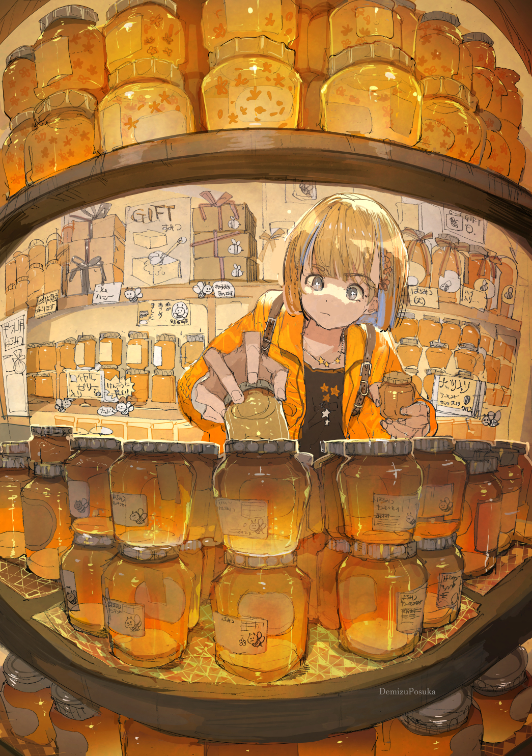 1girl backpack bag black_shirt blonde_hair box cardboard_box check_commentary closed_mouth commentary_request demizu_posuka food grey_eyes hair_ornament highres holding holding_jar indoors jacket jar jewelry necklace original scenery shelf shirt shop shopping short_hair solo upper_body yellow_jacket