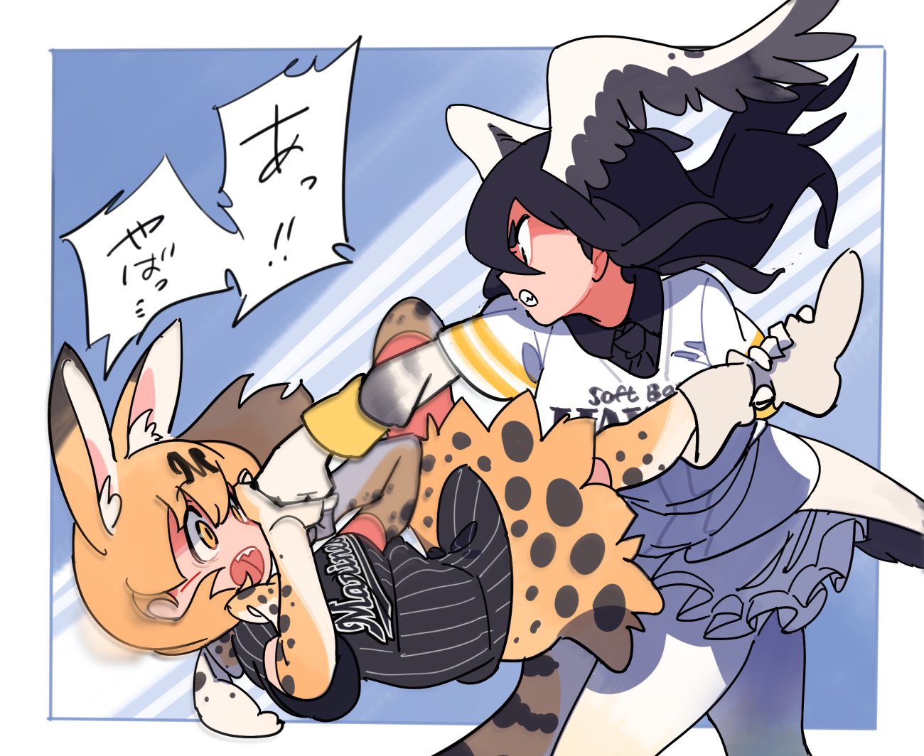 2girls angry animal_ear_fluff animal_ears baseball_jersey black_eyes black_necktie black_shirt blocking border bow bowtie clenched_teeth collared_shirt commentary elbow_gloves english_text falling feet_out_of_frame fighting floating_hair frilled_skirt frills gloves grimace hair_between_eyes head_wings kemono_friends layered_sleeves leg_grab letter_hair_ornament logo long_hair long_sleeves medium_hair motion_blur multiple_girls necktie nishiki_kazue northern_goshawk_(kemono_friends) open_mouth orange_eyes orange_gloves orange_hair orange_skirt outside_border pantyhose pinstripe_pattern pinstripe_shirt print_bow print_bowtie print_gloves print_skirt print_thighhighs profile punching serval_(kemono_friends) serval_print shirt short_over_long_sleeves short_sleeves skirt striped surprised teeth upside-down v-shaped_eyebrows white_border white_gloves white_pantyhose white_shirt white_skirt wide-eyed