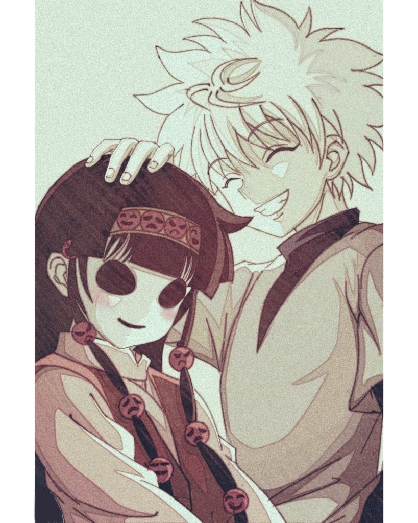 1boy 1other affectionate blunt_bangs creepy_eyes emoticon enoki_(gongindon) hair_ornament hairband happy headpat hollow_eyes hunter_x_hunter japanese_clothes killua_zoldyck long_sleeves male_child male_focus nanika_(hunter_x_hunter) short_hair siblings simple_background smile smiley_face spiky_hair white_hair