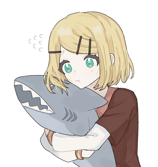 0211nami 1girl bad_face blonde_hair brown_shirt closed_mouth green_eyes hair_ornament hairclip hug kagamine_rin long_sleeves shark shirt simple_background solo solo_focus stuffed_animal stuffed_toy vocaloid white_background