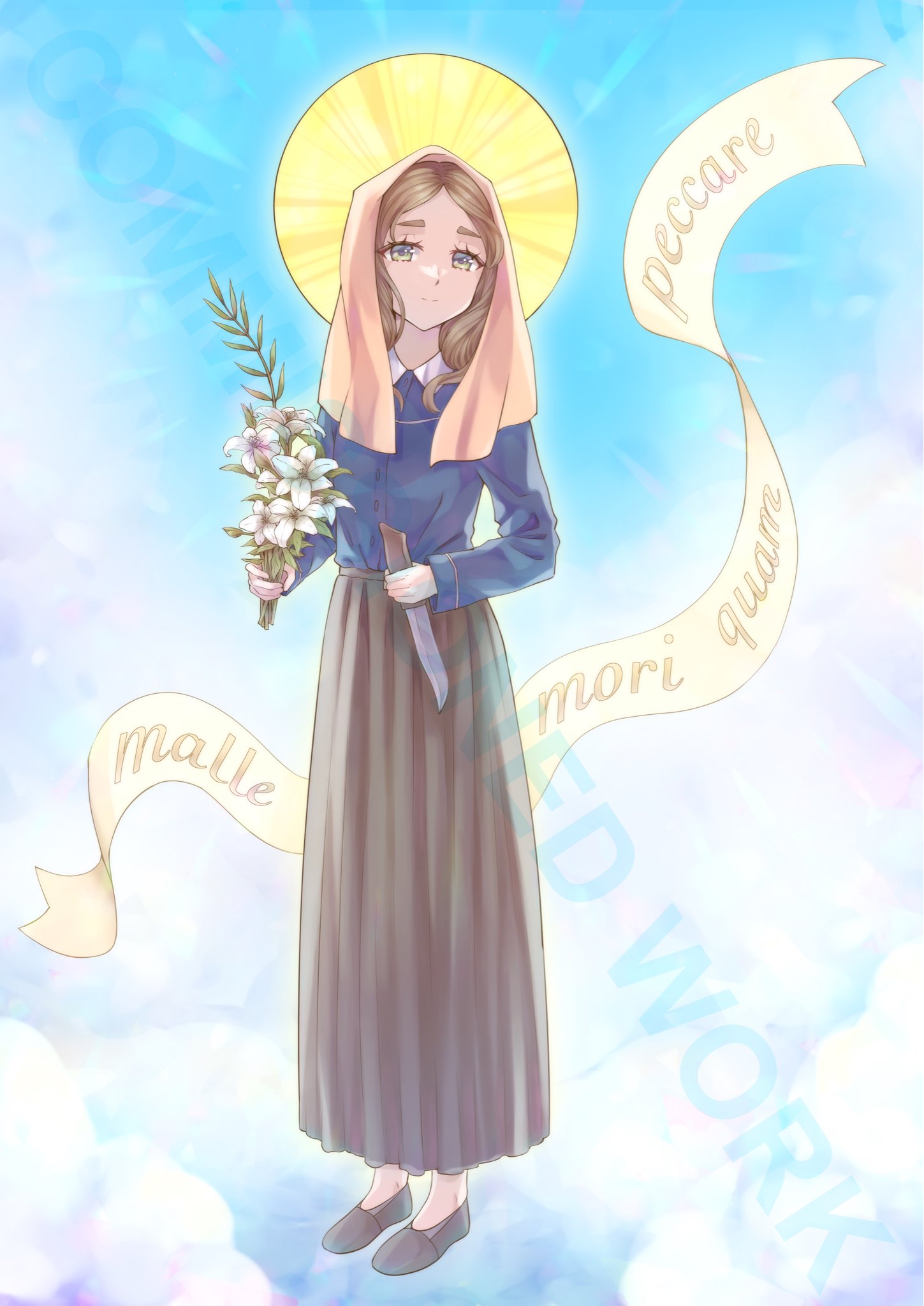 1girl an_dres_art blue_eyes blue_shirt brown_footwear brown_hair brown_skirt christian_mythology christianity collared_shirt flower full_body highres holding holding_knife knife latin_text lily_(flower) loafers looking_at_viewer maria_goretti shirt shoes skirt smile solo veil