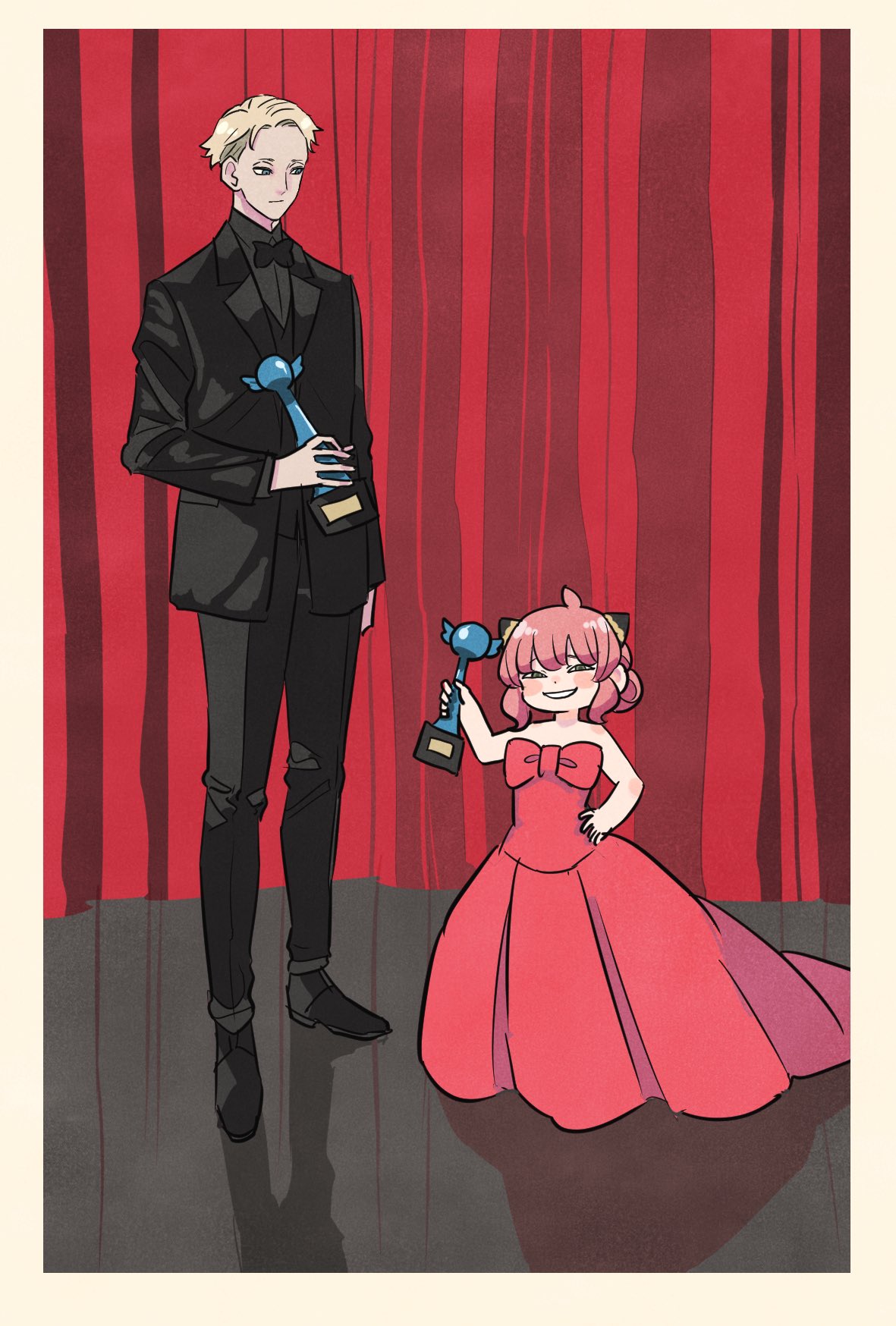 1boy 1girl anya's_heh_face_(meme) anya_(spy_x_family) black_shirt black_suit blonde_hair blue_eyes blush border bow bowtie child commentary cone_hair_bun curtains dress dress_bow father_and_daughter female_child formal green_eyes hair_bun hairpods hand_on_hip height_difference highres holding holding_trophy looking_at_viewer meme pink_hair red_curtains red_dress shirt short_hair smile spy_x_family strapless suit takeuchi_ryousuke traditional_bowtie trophy twilight_(spy_x_family)