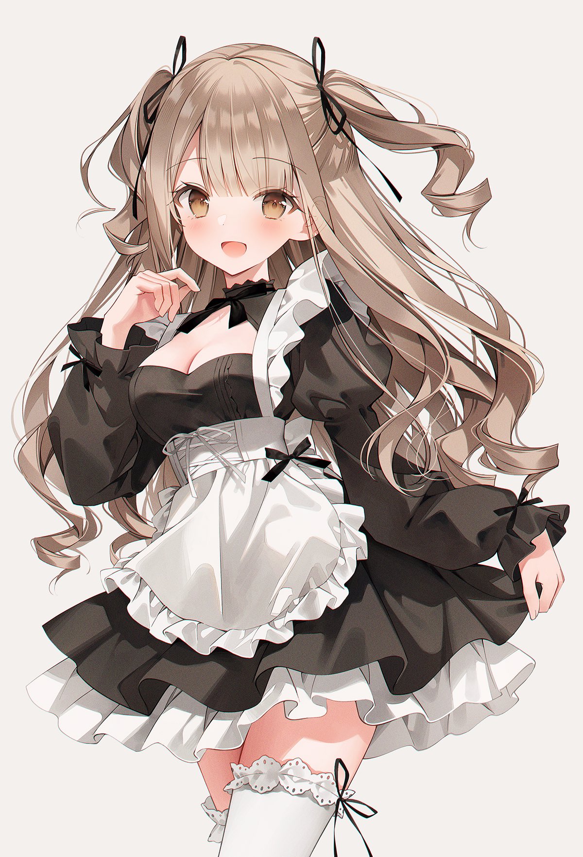 1girl apron arm_up black_apron black_skirt blonde_hair blush breasts commentary cowboy_shot dress drill_hair eyes_visible_through_hair frilled_thighhighs frills hair_ribbon high_collar highres large_breasts leg_ribbon light_blush long_hair long_sleeves looking_at_viewer looking_to_the_side open_mouth original parted_bangs pleated_dress pleated_skirt ribbon simple_background skirt smile solo symbol-only_commentary thigh-highs thighs weri white_dress