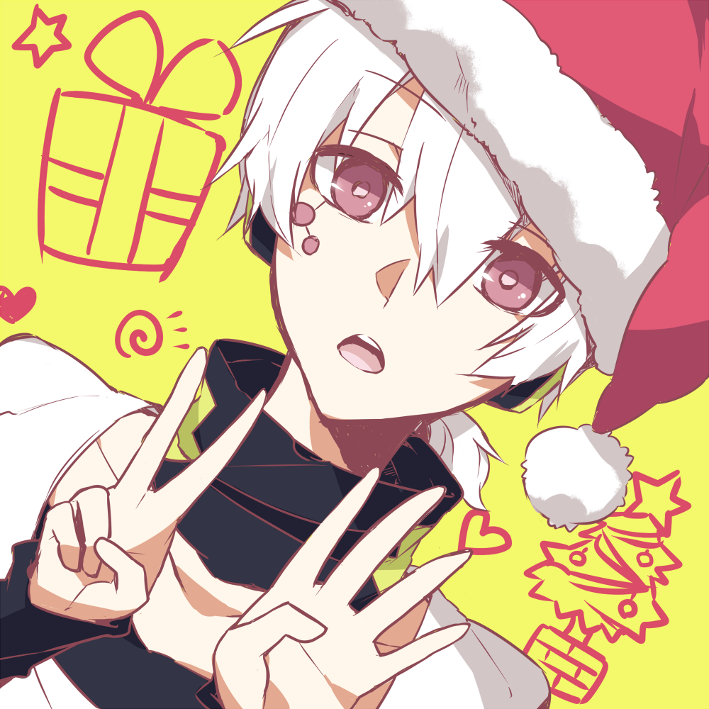 1boy arrow_(symbol) asuna_(doruru-mon) bad_id bad_pixiv_id black_shirt box bright_pupils christmas_tree commentary dutch_angle facial_mark gift gift_box hair_between_eyes hat headphones heart kagerou_project konoha_(kagerou_project) long_bangs looking_at_viewer male_focus mekakucity_actors neck_warmer open_mouth pink_eyes red_headwear ribbon santa_hat shirt short_hair short_ponytail star_(symbol) teeth two-tone_headwear upper_body upper_teeth_only v white_hair white_headwear white_shirt yellow_background