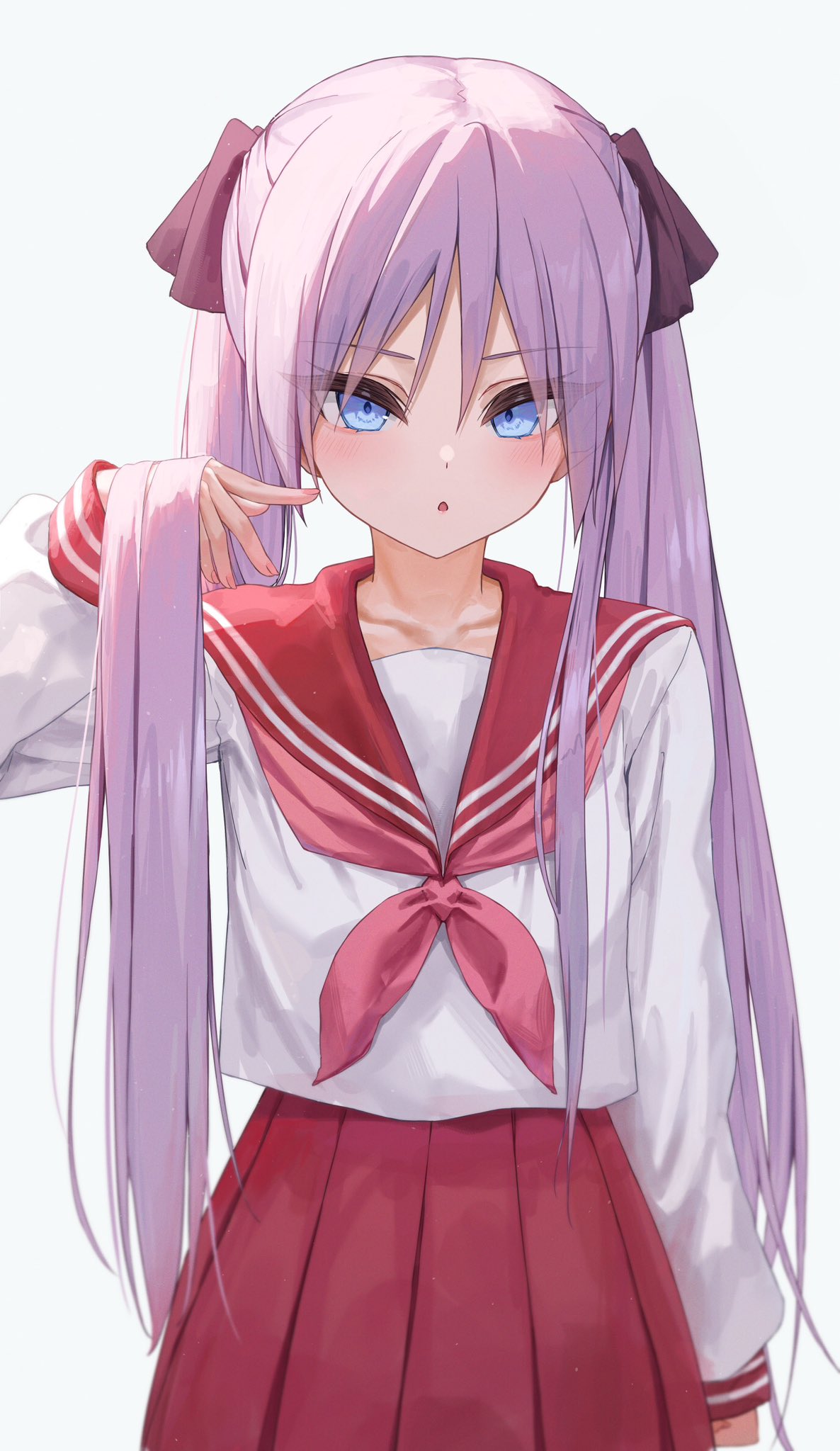 1girl blue_eyes blush bow chestnut_mouth commentary cowboy_shot hair_between_eyes hair_bow hair_lift hand_up highres hiiragi_kagami hunakoshi_halberd long_hair long_sleeves lucky_star neckerchief open_mouth pink_neckerchief pleated_skirt purple_hair red_bow red_sailor_collar red_skirt ryouou_school_uniform sailor_collar school_uniform serafuku shirt simple_background skirt solo tsurime twintails white_background white_shirt