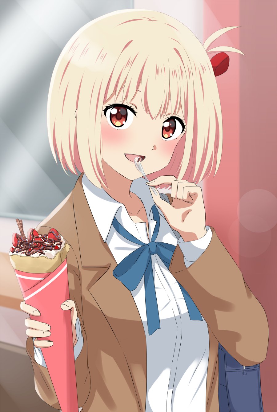 1girl :d bag blazer blonde_hair blue_ribbon blush bob_cut brown_jacket collared_shirt commentary_request crepe dars_(recolors) food fruit hair_ribbon highres holding holding_food holding_spoon jacket long_sleeves looking_at_viewer lycoris_recoil neck_ribbon nishikigi_chisato open_mouth red_eyes red_ribbon ribbon school_bag school_uniform shirt short_hair smile solo spoon strawberry upper_body white_shirt winter_uniform