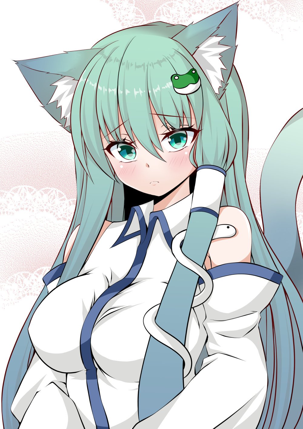 1girl animal_ears breasts cat_ears cat_tail closed_mouth commentary_request detached_sleeves frog_hair_ornament green_eyes green_hair hair_between_eyes hair_ornament hair_tubes highres kochiya_sanae large_breasts long_hair looking_at_viewer snake_hair_ornament solo sunaguma tail touhou upper_body