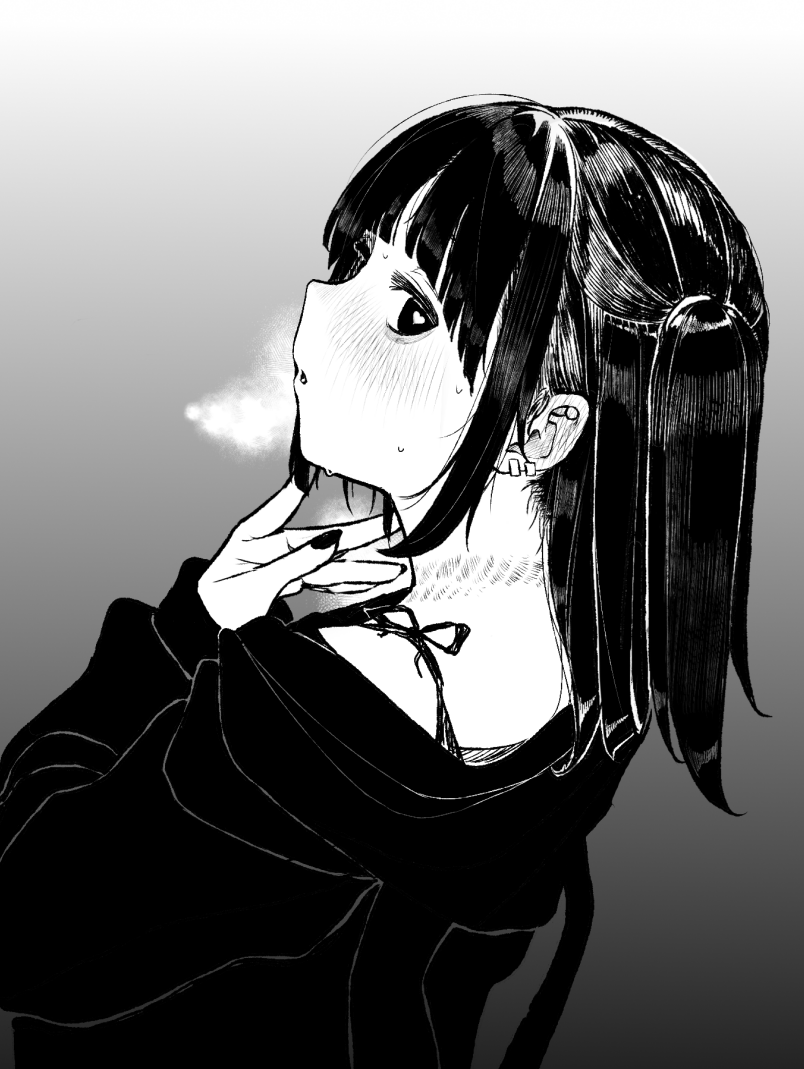 1girl blush breath bruise camisole commentary_request ear_piercing fingernails gradient_background greyscale heart heart-shaped_pupils hood hoodie injury kuaru_(okamokomon) long_fingernails long_hair looking_at_viewer monochrome original parted_lips piercing profile rope_marks sidelocks sideways_glance solo sweat symbol-shaped_pupils two_side_up upper_body