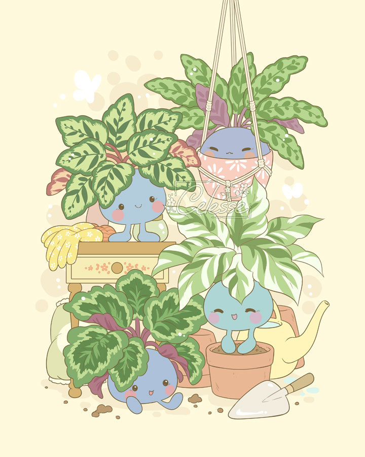 4others :3 brown_background closed_eyes dirt drawer flower_pot gardening gloves green_bag multiple_others oddish on_ground plant plant_monster planter pokemon pokemon_(creature) potted_plant rubber_gloves samantha_whitten shovel smile table watering_can watermark