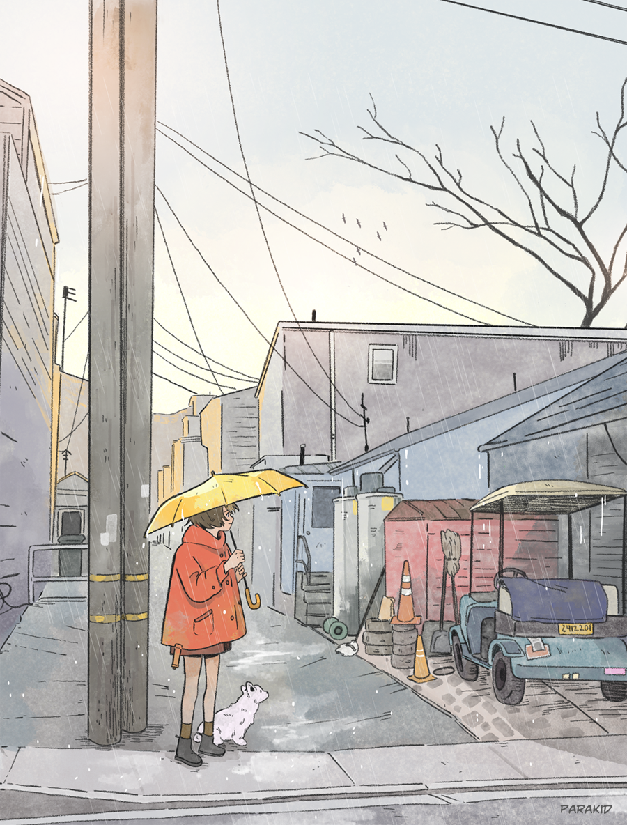 1girl alley bare_legs bird broom brown_hair brown_socks building car dog grey_sky holding holding_umbrella looking_ahead motor_vehicle original outdoors parak1d profile rain red_raincoat road short_hair socks street tire tree umbrella wire