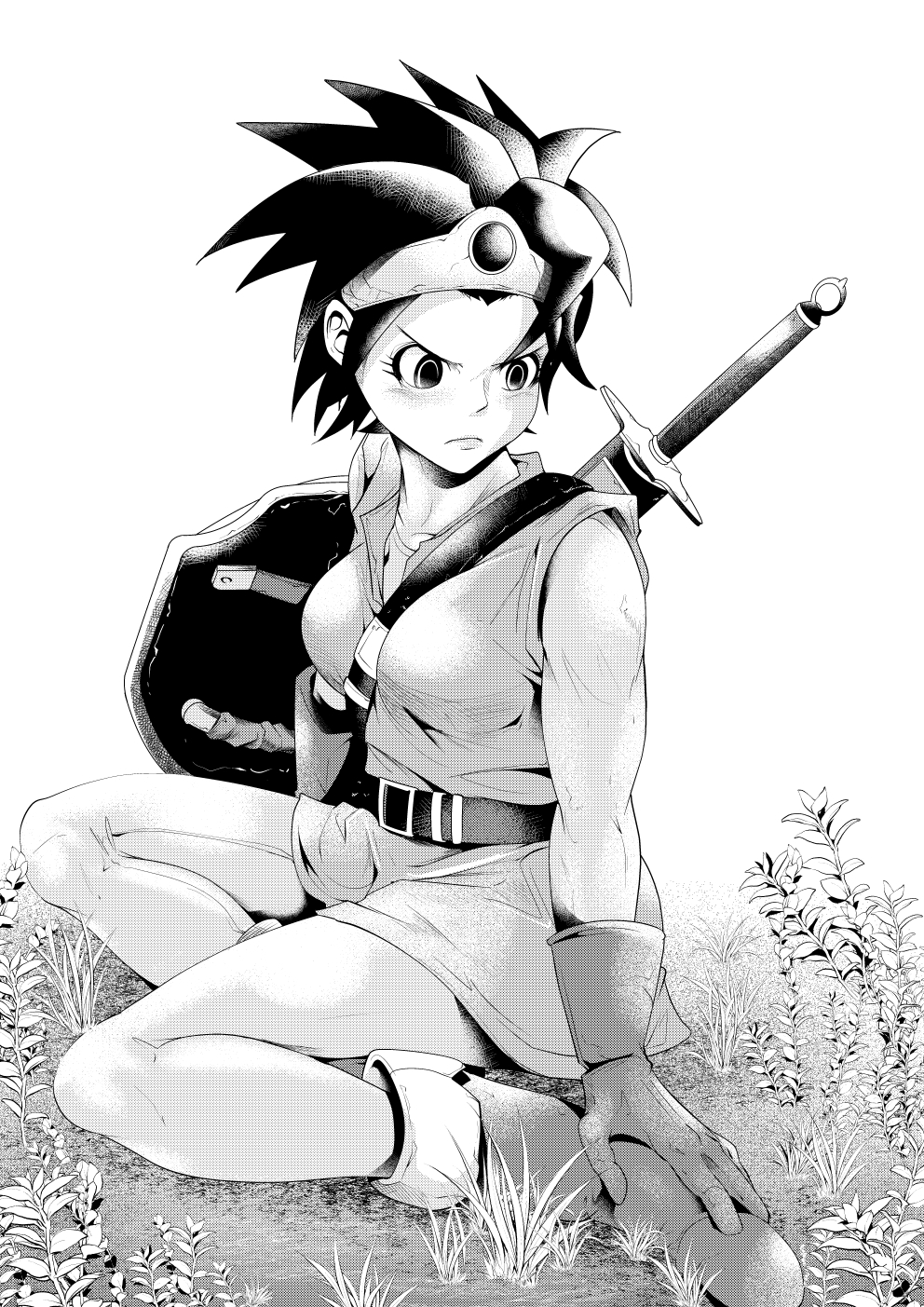 1girl belt between_breasts boots breasts circlet clip_studio_paint_(medium) commentary_request dragon_quest dragon_quest_iii frown furrowed_brow gloves grass greyscale heroine_(dq3) highres medium_breasts monochrome niwatori_sennin serious shield shirt sitting sleeveless sleeveless_shirt solo strap_between_breasts sword sword_on_back toned tunic weapon weapon_on_back yokozuwari