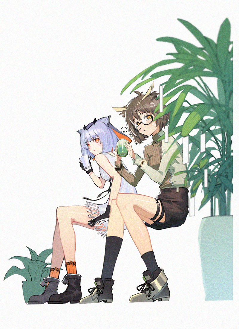 2girls :/ adapted_costume arknights black_footwear black_shorts black_socks blush brown_hair brown_shirt chinese_commentary closed_mouth commentary_request cup dress feather_hair full_body glasses green_shirt grey_footwear holding holding_cup kumo_ryuun long_sleeves looking_at_viewer mug multiple_girls orange_eyes orange_socks plant potted_plant ptilopsis_(arknights) semi-rimless_eyewear shirt shoes short_hair shorts silence_(arknights) simple_background sitting sleep_bubble sleeveless sleeveless_dress socks two-tone_shirt white_background white_dress white_hair yellow_eyes