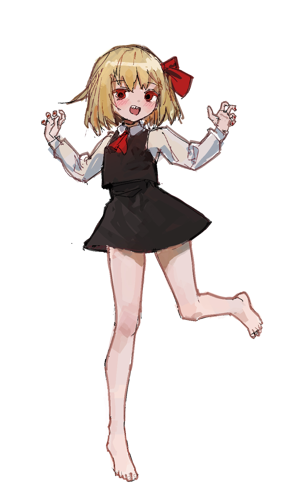 1girl :d arms_up ascot bad_id bad_twitter_id bare_legs barefoot black_skirt black_vest blonde_hair blush bob_cut claw_pose collared_shirt colored_eyelashes dilated_pupils hair_ribbon highres leg_up legs long_legs long_sleeves looking_at_viewer miniskirt open_mouth red_ascot red_eyes red_ribbon reddizen ribbon rumia sharp_teeth shirt short_hair simple_background sketch skirt skirt_set smile solo standing teeth tiptoes touhou upper_teeth_only vest w_arms white_background white_shirt wing_collar
