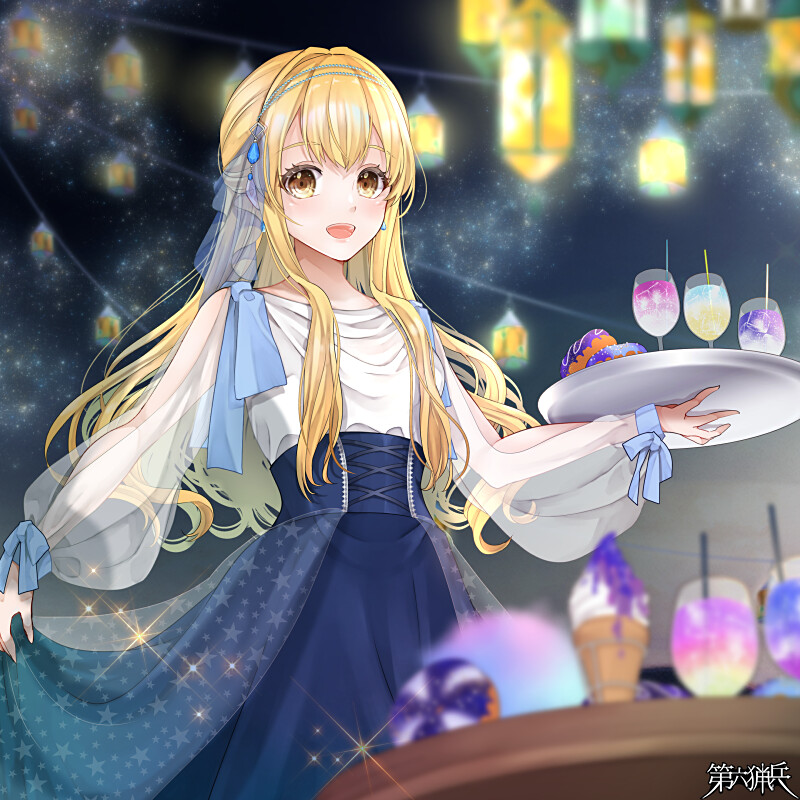 1girl :d blonde_hair blue_skirt blurry blurry_background blurry_foreground dairoku_ryouhei doughnut drink earrings erisha_paltier food holding holding_tray ice_cream_cone jewelry lantern long_sleeves night outdoors see-through see-through_sleeves shima_(shima46653800) shirt skirt skirt_hold smile solo sparkle standing table tray white_shirt yellow_eyes