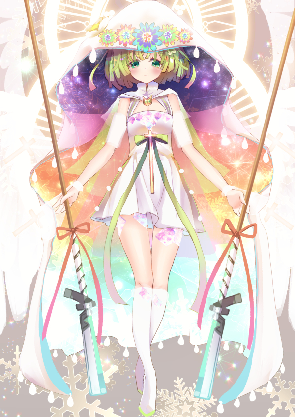 1girl alternate_costume arms_at_sides blunt_ends blush boots bracelet capelet closed_mouth collared_capelet cross dot_nose dress full_body green_eyes green_hair headwear_request high_collar holding jewelry knee_boots looking_at_viewer magia_record:_mahou_shoujo_madoka_magica_gaiden mahou_shoujo_madoka_magica multicolored_flower multicolored_ribbon natsume_kako object_request oka_(umanihiki) ribbon short_dress short_hair smile snowflakes solo standing two-sided_fabric unofficial_holy_design_(magia_record) white_capelet white_dress white_footwear
