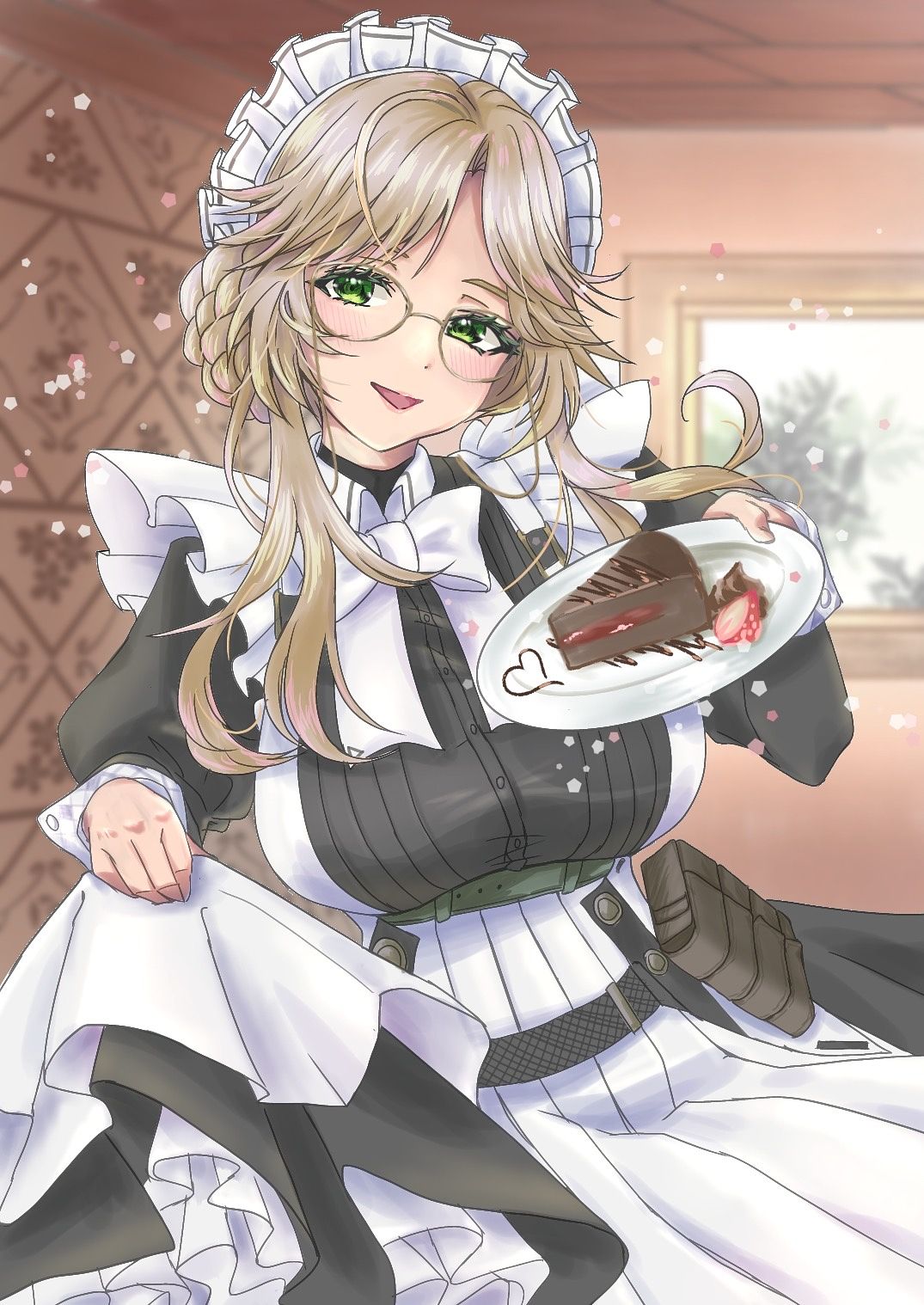 1girl :d ade_(nikke) apron belt_pouch blonde_hair bow bowtie braid breasts cake cake_slice chest_harness conakiggy cowboy_shot eyewear_strap food glasses goddess_of_victory:_nikke green_eyes harness heart highres holding holding_plate juliet_sleeves large_breasts light_blush long_sleeves maid maid_headdress open_mouth plate pouch puffy_sleeves smile solo white_bow white_bowtie