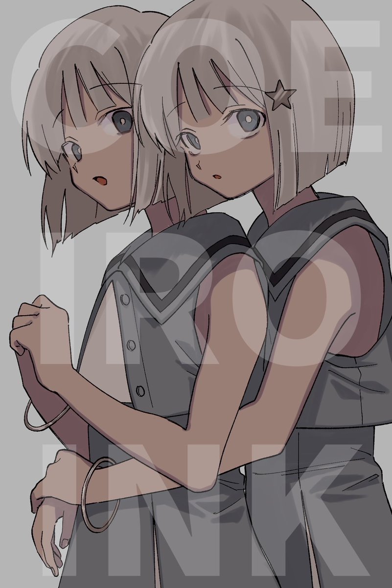 2girls bangle blunt_ends bob_cut bracelet bright_pupils coeiroink copyright_name cropped_shirt dress expressionless from_side grey_background grey_eyes grey_hair grey_sailor_collar grey_skirt hair_ornament hands_up highres hug hug_from_behind jewelry layered_skirt looking_at_viewer looking_to_the_side matching_hairstyle matching_outfit multiple_girls nako_(coeiroink) open_mouth own_hands_together partially_unbuttoned raised_eyebrows reco_(coeiroink) romaji_text sailor_collar shirowani-san shirt siblings simple_background skirt sleeveless sleeveless_dress sleeveless_shirt star_(symbol) star_hair_ornament twins upper_body white_pupils