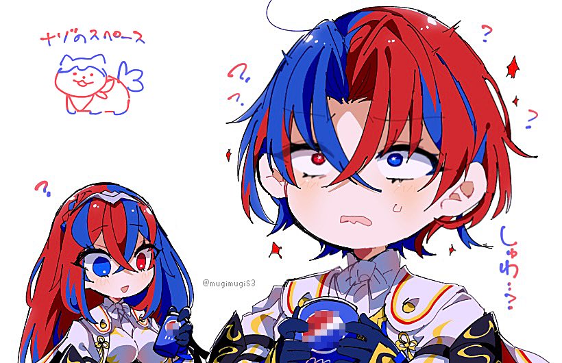 1boy 1girl ? alear_(female)_(fire_emblem) alear_(fire_emblem) alear_(male)_(fire_emblem) blue_eyes blue_hair breasts can cape color_connection fire_emblem fire_emblem_engage heterochromia large_breasts long_hair mugimugis multicolored_hair pepsi red_eyes redhead soda_can sommie_(fire_emblem) twitter_username two-tone_hair