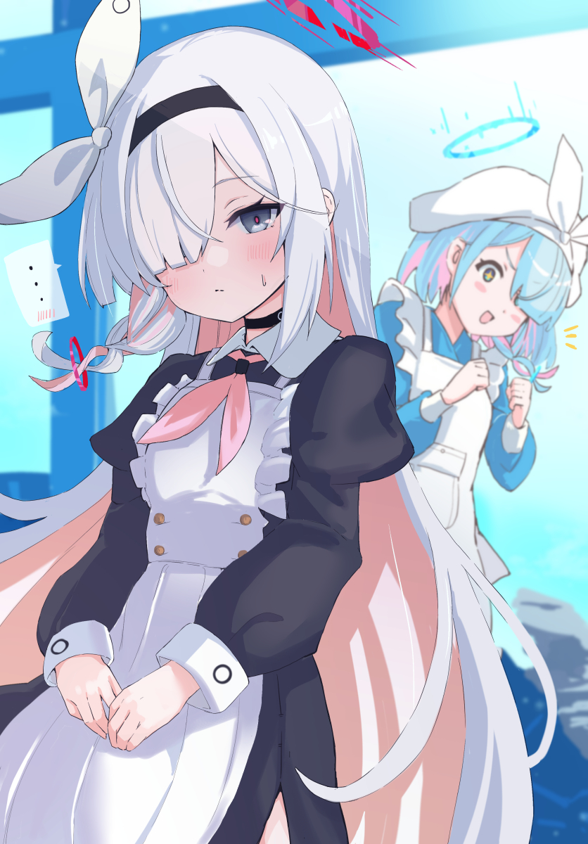 ... 2girls a.r.o.n.a_(blue_archive) alternate_costume apron aqua_eyes aqua_hair arona_(blue_archive) black_choker blue_archive blurry braid choker clenched_hands colored_inner_hair commentary_request depth_of_field enmaided grey_eyes hair_ornament hair_over_one_eye hairband halo hat highres juliet_sleeves long_hair long_sleeves looking_at_viewer maid maid_apron maid_headdress multicolored_hair multiple_girls pink_hair puffy_sleeves short_hair sidelocks single_braid solo_focus two-tone_hair v_arms wa_maid white_choker white_hair yucblossom