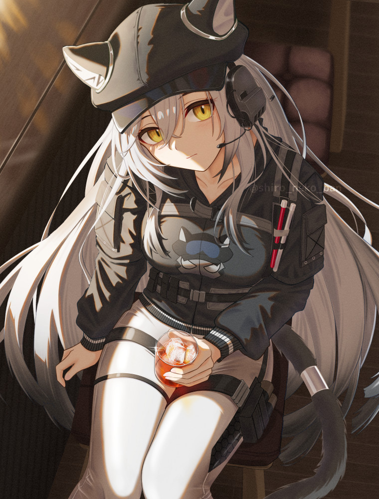 1girl animal_ears arknights closed_mouth collarbone cup hat headphones holding holding_cup ice jacket leopard_ears leopard_girl leopard_tail long_hair long_sleeves looking_at_viewer pants schwarz_(arknights) shironekoban sitting solo tail white_hair yellow_eyes