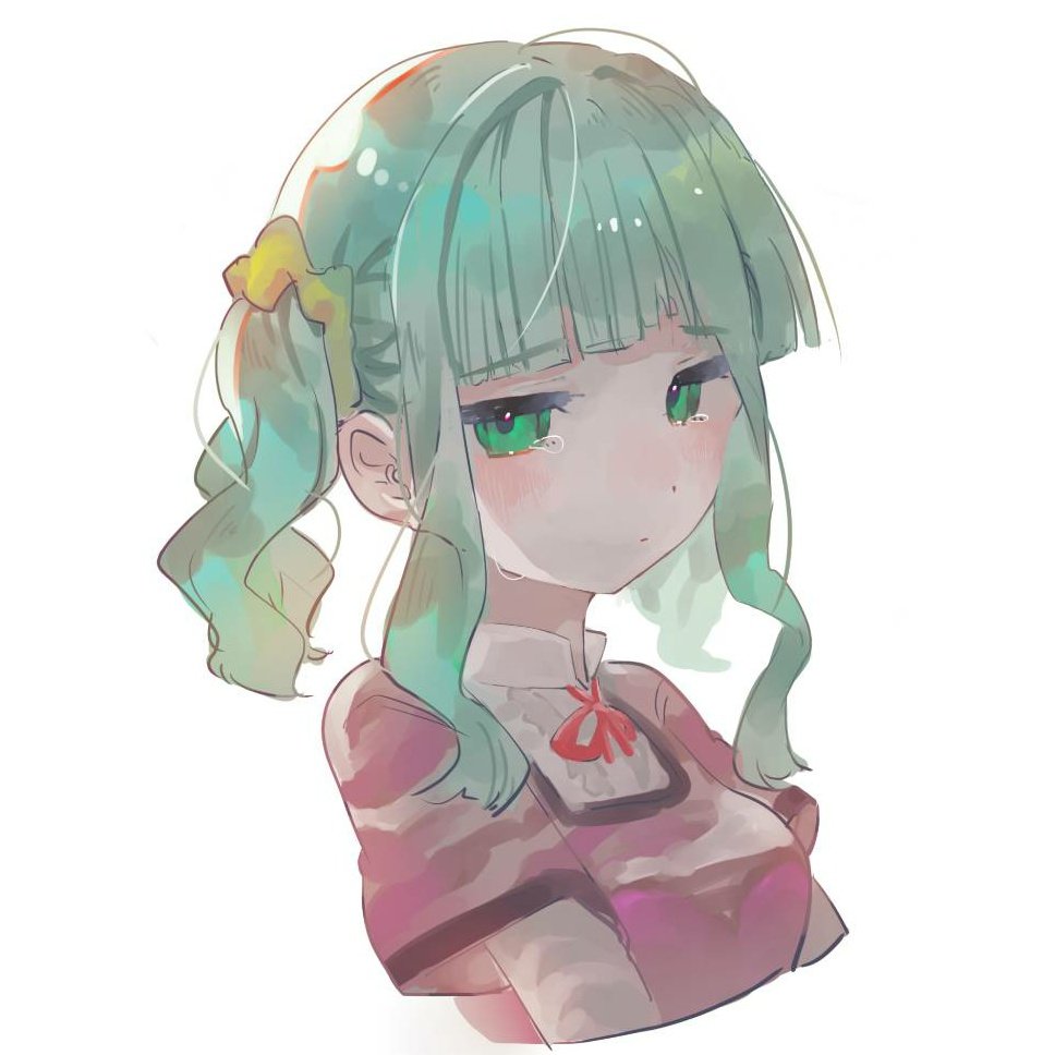 1girl aqua_hair arms_at_sides blunt_bangs blush center_frills collared_shirt cropped_torso crying dot_mouth dot_nose frilled_shirt frills futaba_sana green_eyes hair_ornament hair_scrunchie kamanberu_sando layered_sleeves long_sleeves looking_at_viewer magia_record:_mahou_shoujo_madoka_magica_gaiden mahou_shoujo_madoka_magica mizuna_girls'_academy_school_uniform neck_ribbon pink_ribbon portrait purple_shirt ribbon school_uniform scrunchie shirt shirt_under_shirt short_over_long_sleeves short_sleeves sidelocks simple_background solo tears twintails wavy_hair white_background white_shirt yellow_scrunchie