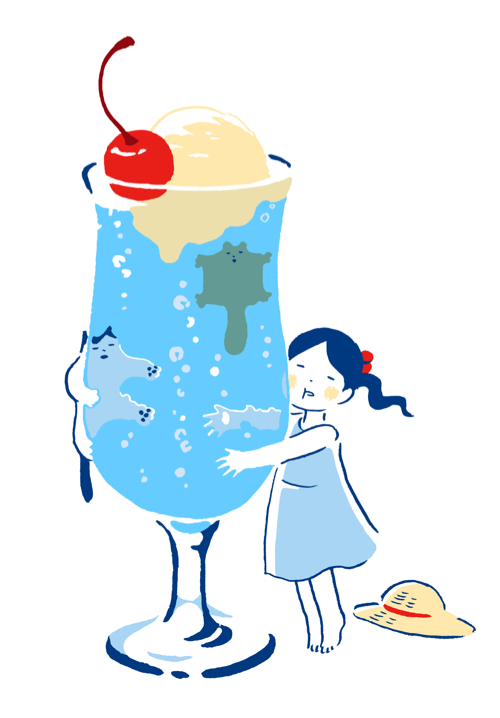 1girl :t air_bubble animal bare_arms bare_shoulders barefoot black_hair blue_dress blush_stickers bubble cat cheek_press cherry child closed_eyes cup dot_nose dress drink drinking_glass facing_viewer female_child flying_squirrel food fruit full_body hair_bobbles hair_ornament hat hat_removed headwear_removed hirasawa_minami hot ice_cream ice_cream_float legs_together limited_palette long_hair medium_dress open_hands original outstretched_arms oversized_food oversized_object parted_bangs parted_lips ponytail refraction simple_background sleeveless sleeveless_dress soda solo squirrel standing straw_hat summer sun_hat sundress tiptoes white_background